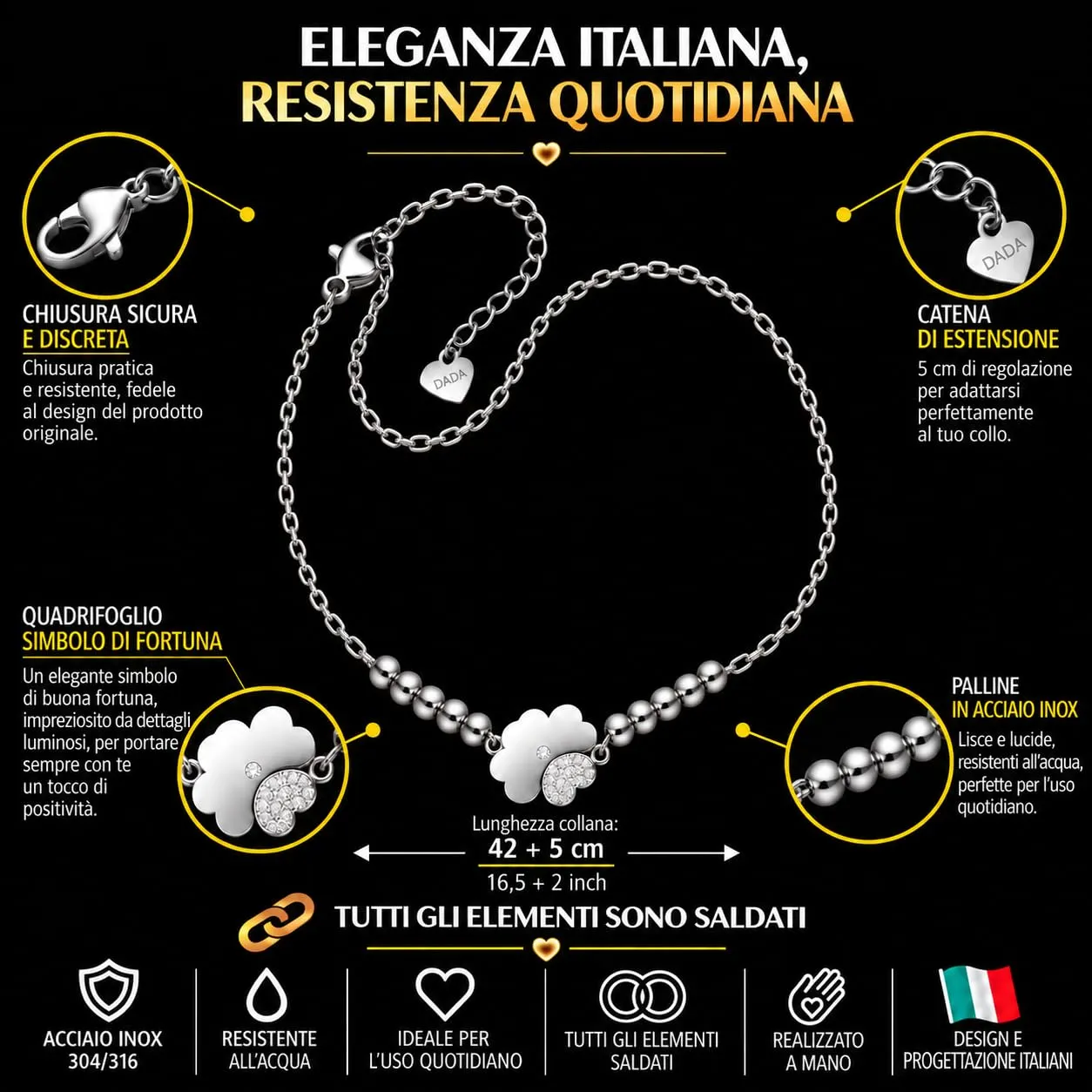 Dada Gioielli Collana Quadrifoglio Donna Acciaio con Zirconi
