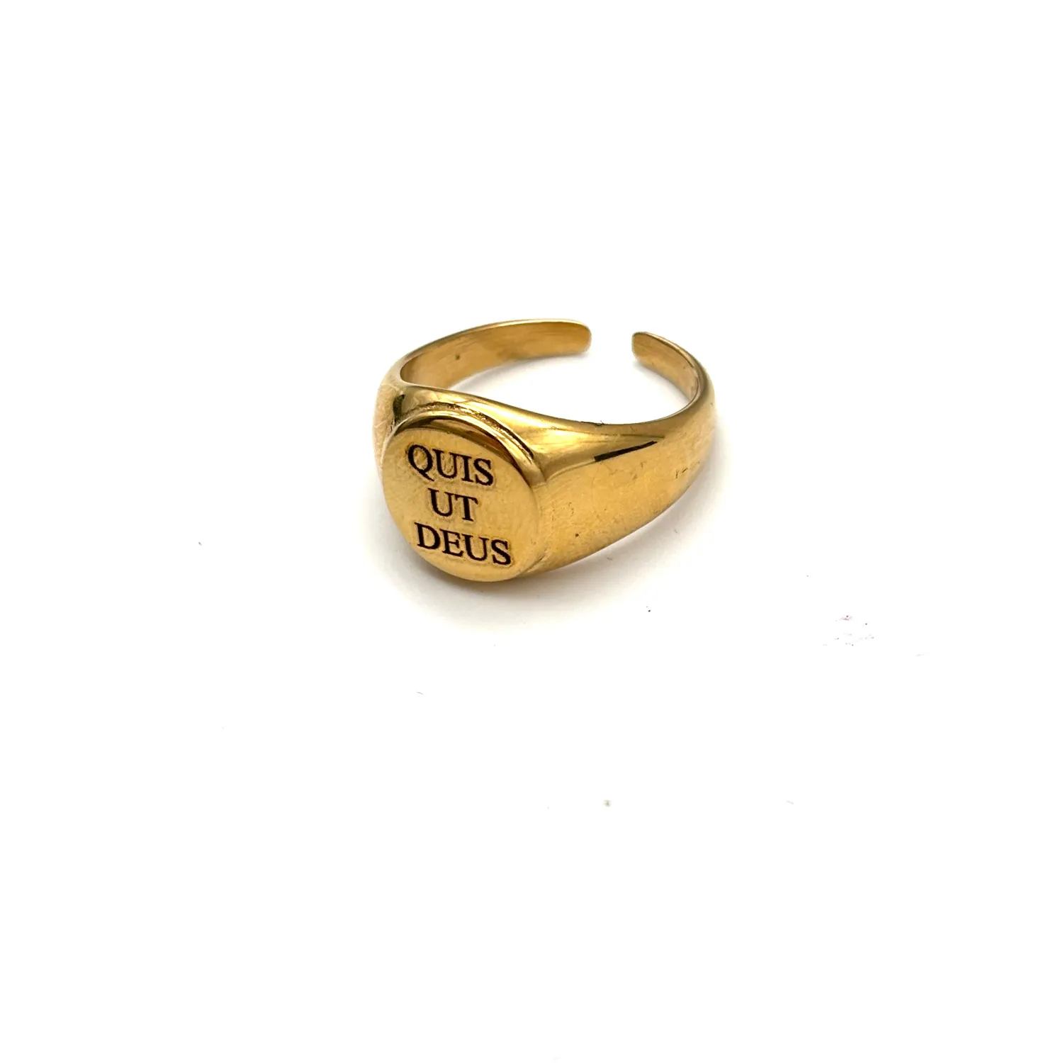 Ornamenta Quis Ut Deus anello chevalier acciaio dorato 15 mm