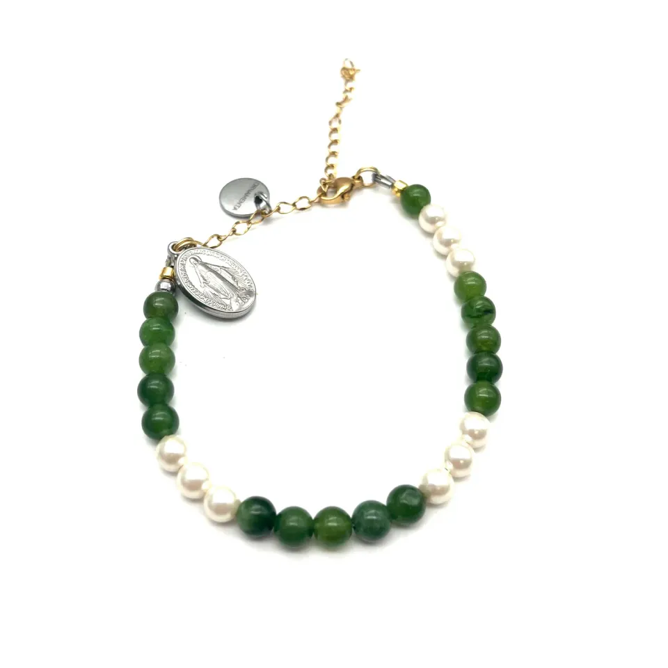 Ornamenta Mariae Spes Bracciale Agata Verde e Perle 18-24 cm