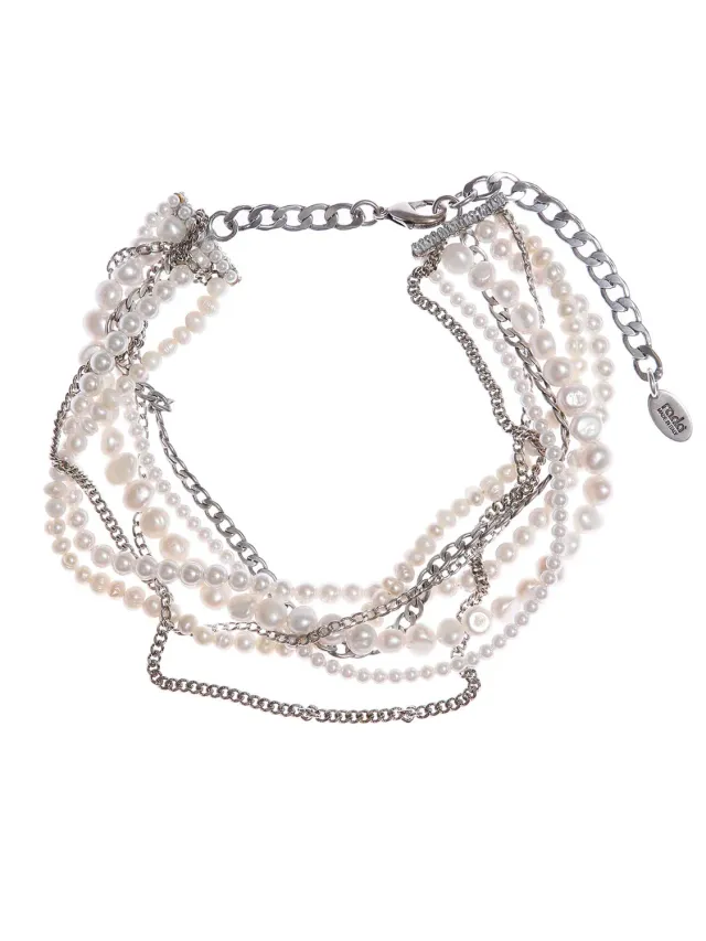 Rada Choker Perle e Catene Collana Girocollo Argento Antico