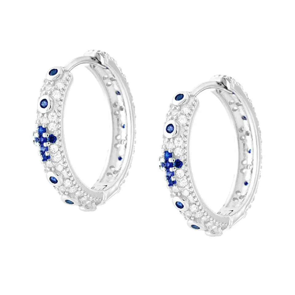 Ornamenta Orecchini Cerchio Croce Blu Argento 925 Zirconi