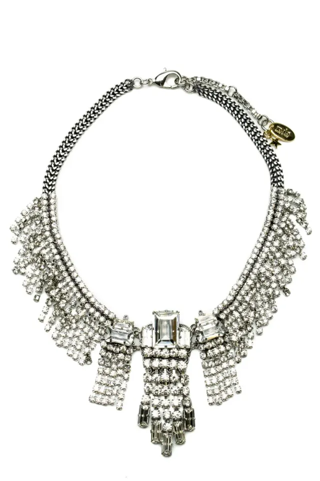 Rada collana frange strass cristallo pietre rettangolari