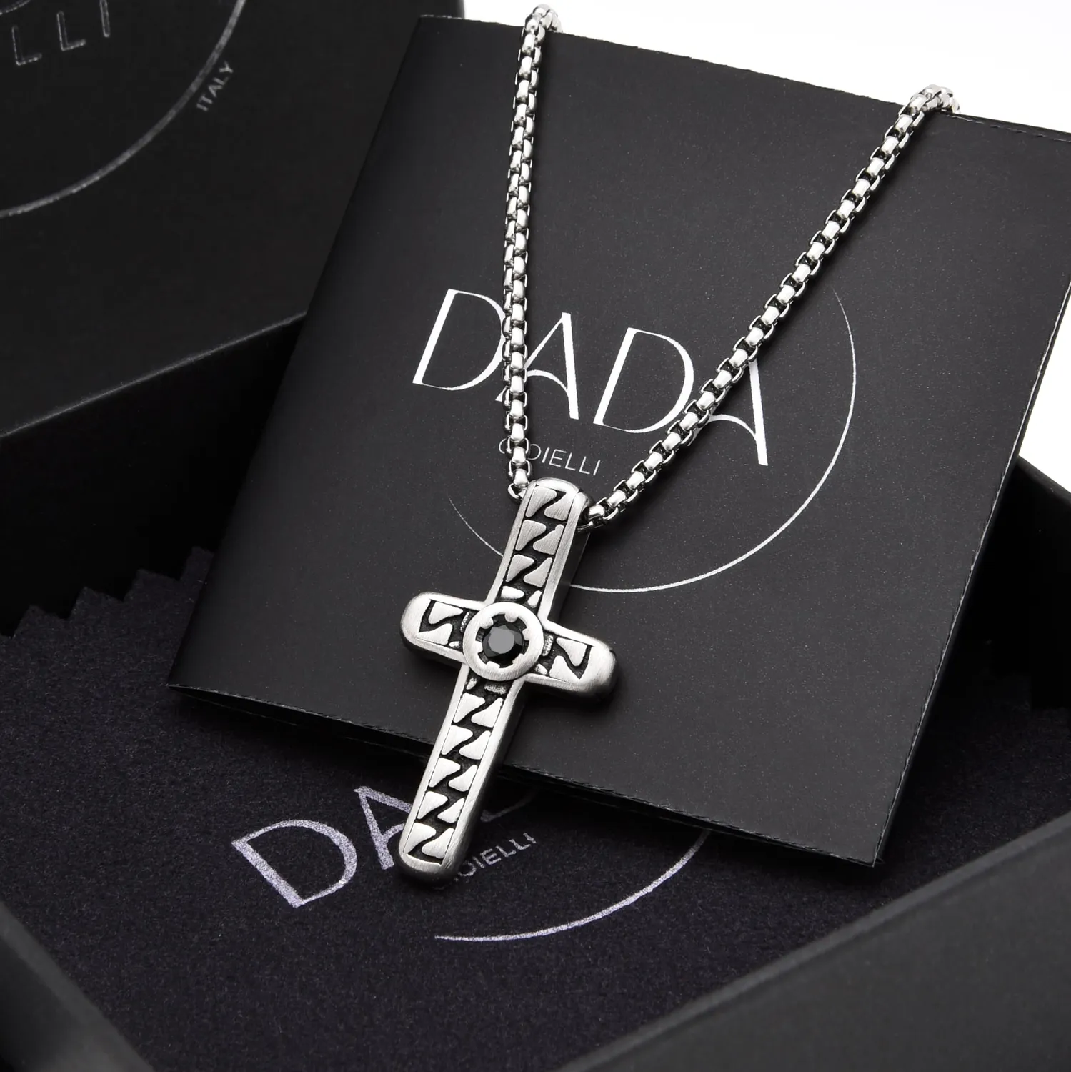 Dada Gioielli Collana Croce Uomo Acciaio Brunito Pietra Nera
