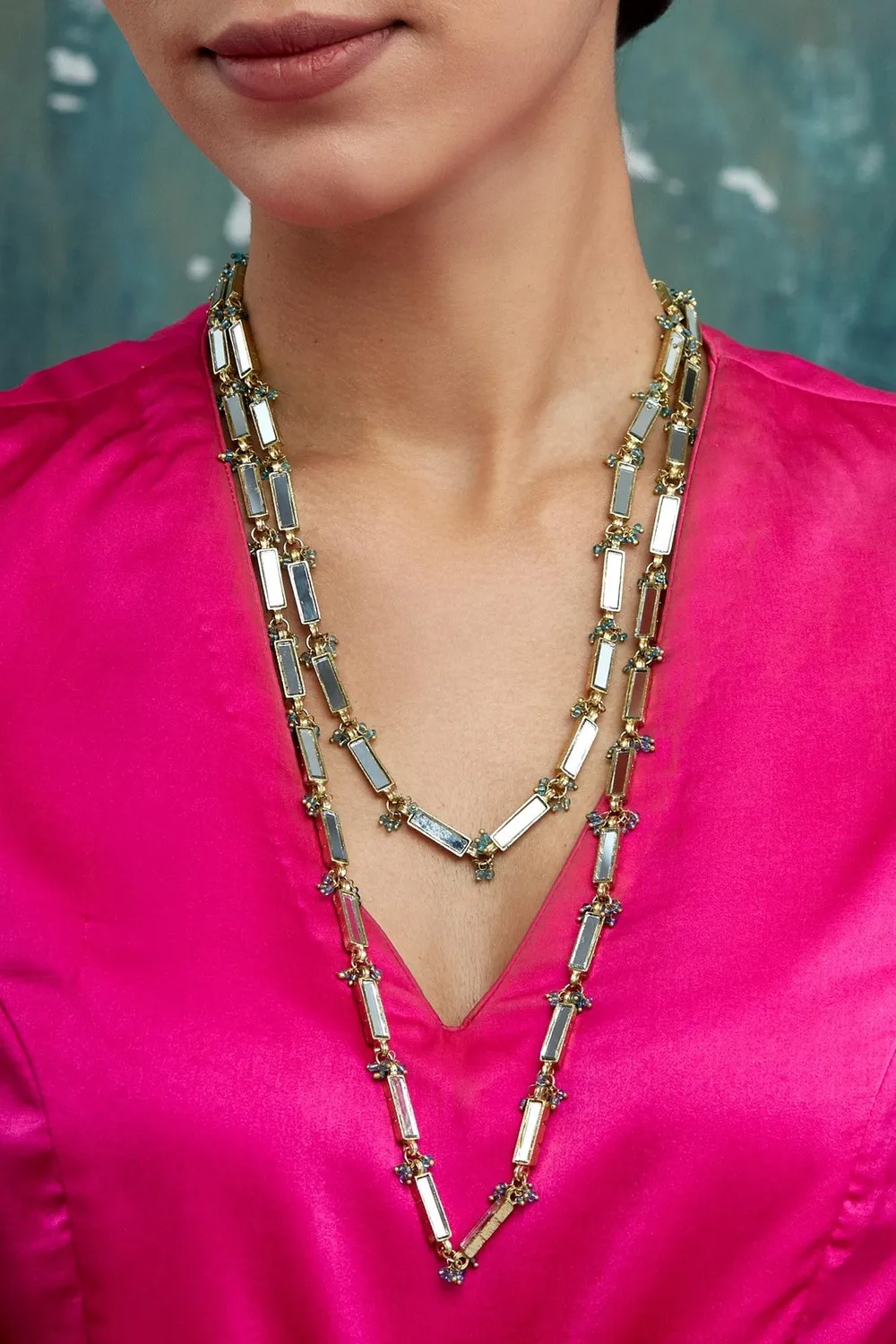House of Tuhina Qabeela Long Collana turchese specchio oro
