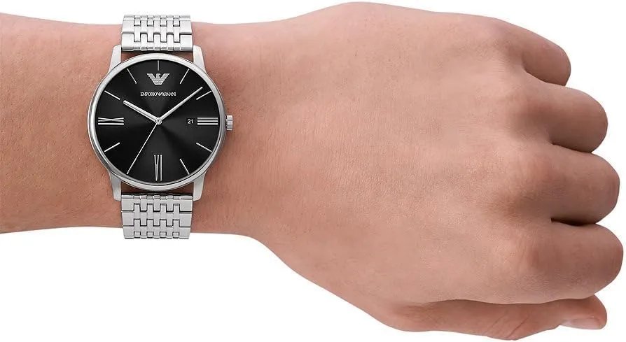Emporio Armani Set Uomo Orologio Acciaio Bracciale Pelle Nera