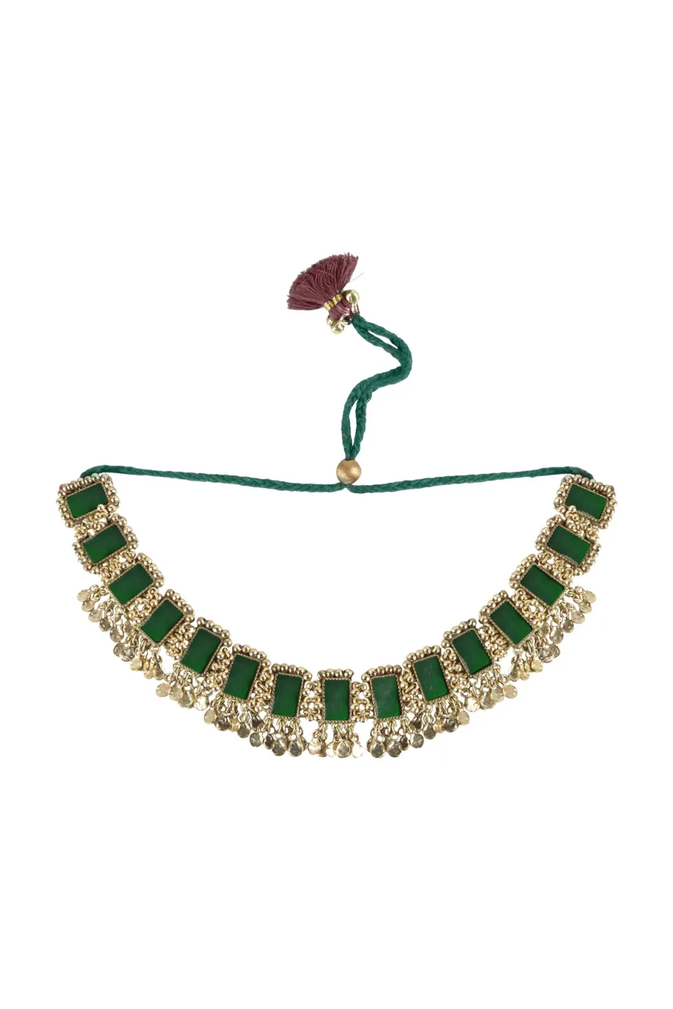 House of Tuhina Mandira collana bordeaux verde vetro Trajva