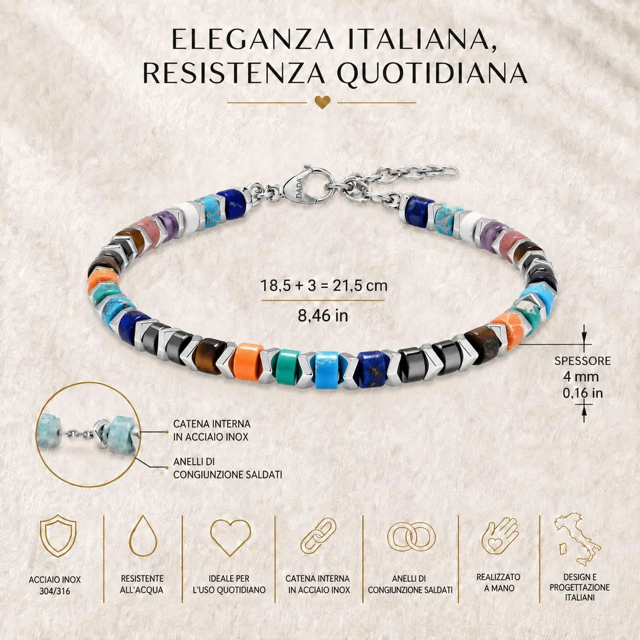 Dada Gioielli bracciale pietre naturali nero amazonite acciaio