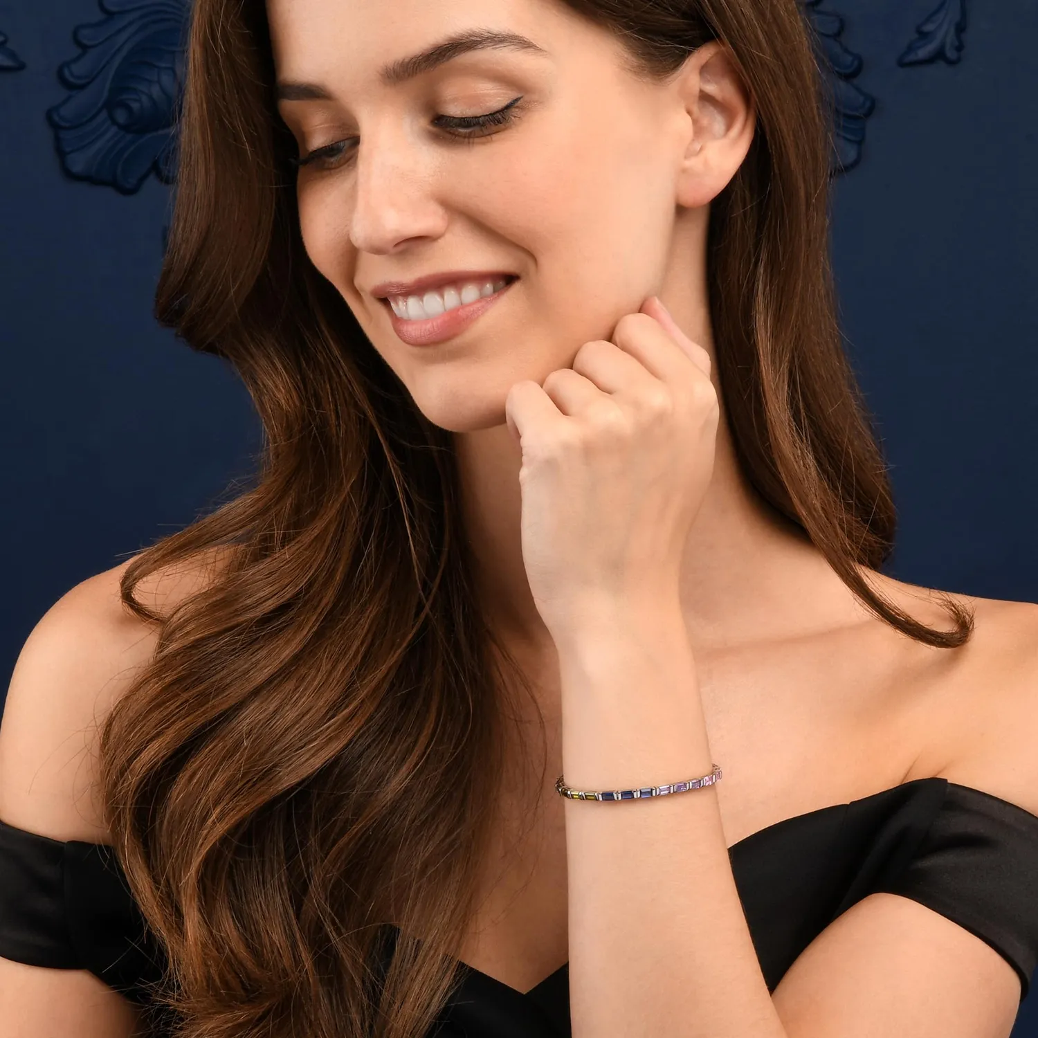 Diamond Treats Tennis bracciale argento zirconi arcobaleno baguette