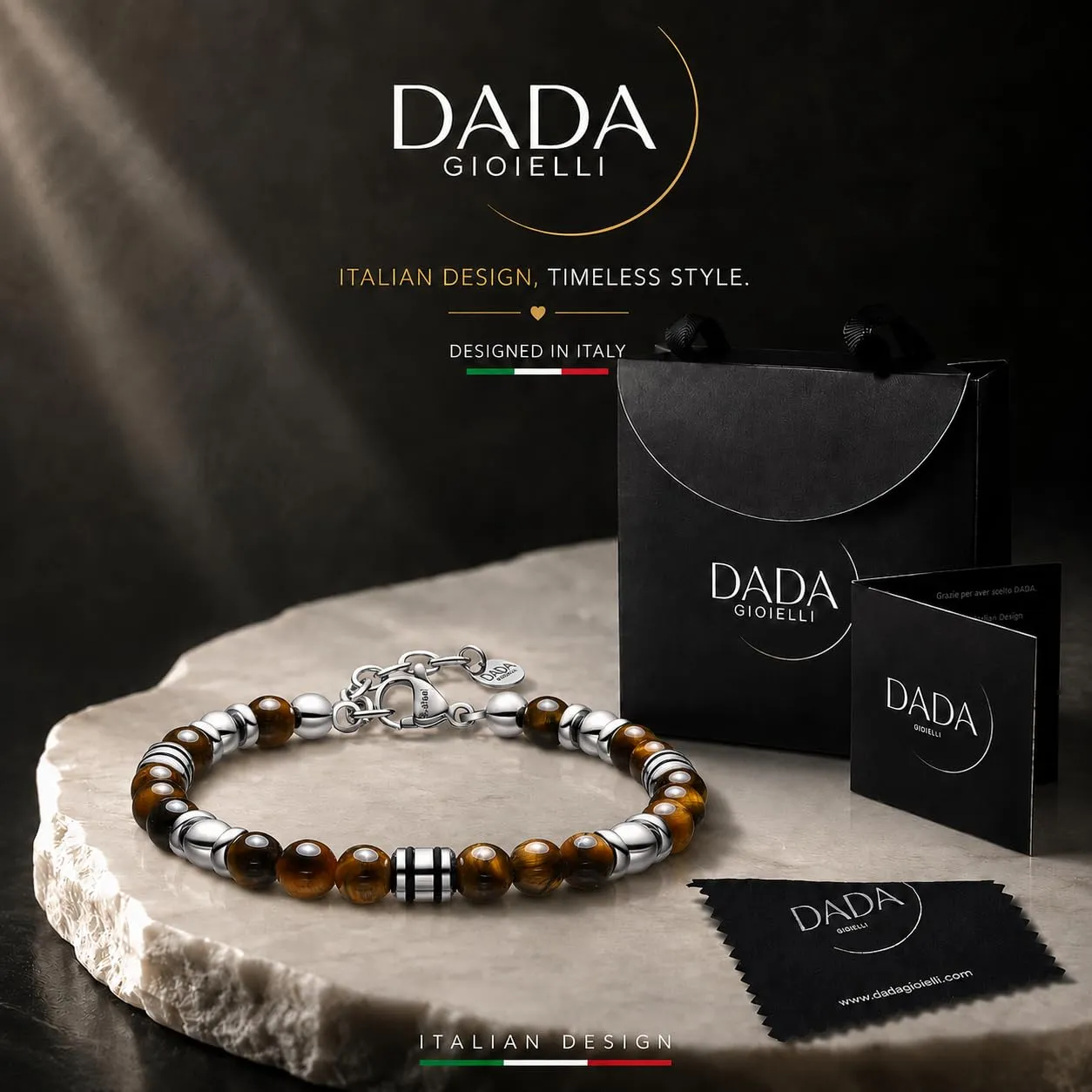 Dada Gioielli Bracciale Uomo Occhio di Tigre Pietra Naturale 6mm