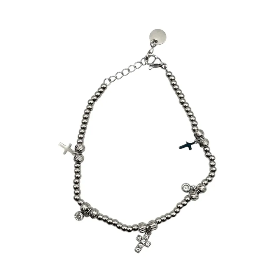 Ornamenta croci zirconi bracciale acciaio regolabile