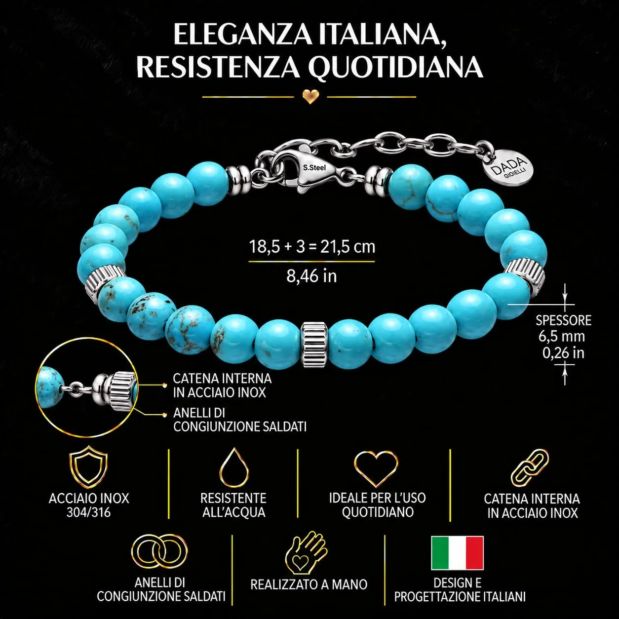 Dada Gioielli Bracciale Uomo Sodalite Pietra Naturale 6mm