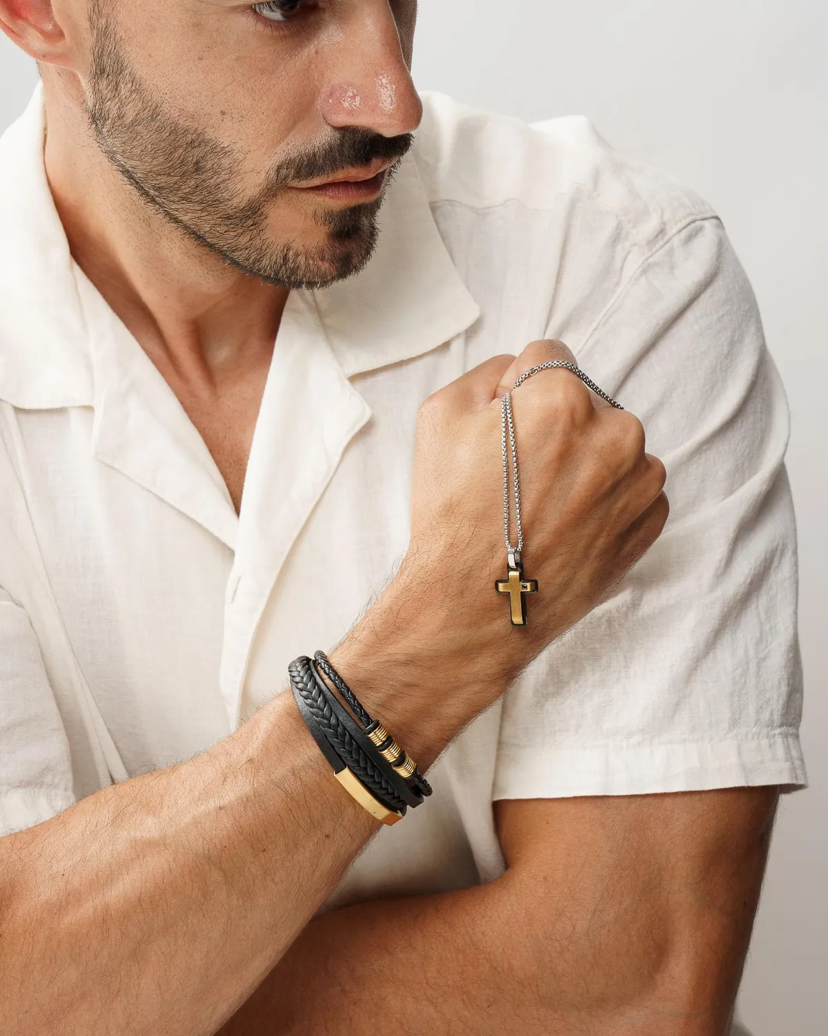 Dada Gioielli Bracciale Uomo Pelle Acciaio Oro