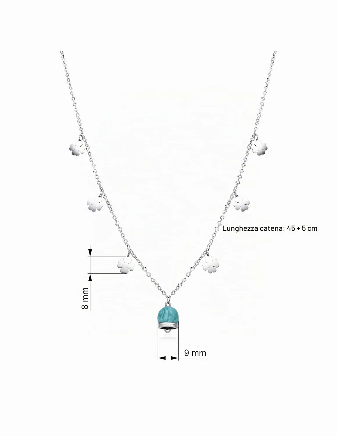 Dada Gioielli Capri Campanella Collana Turchese Quadrifoglio Acciaio