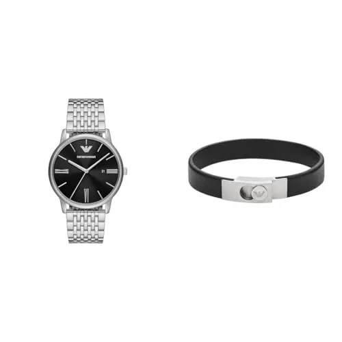 Emporio Armani Set Uomo Orologio Acciaio Bracciale Pelle Nera