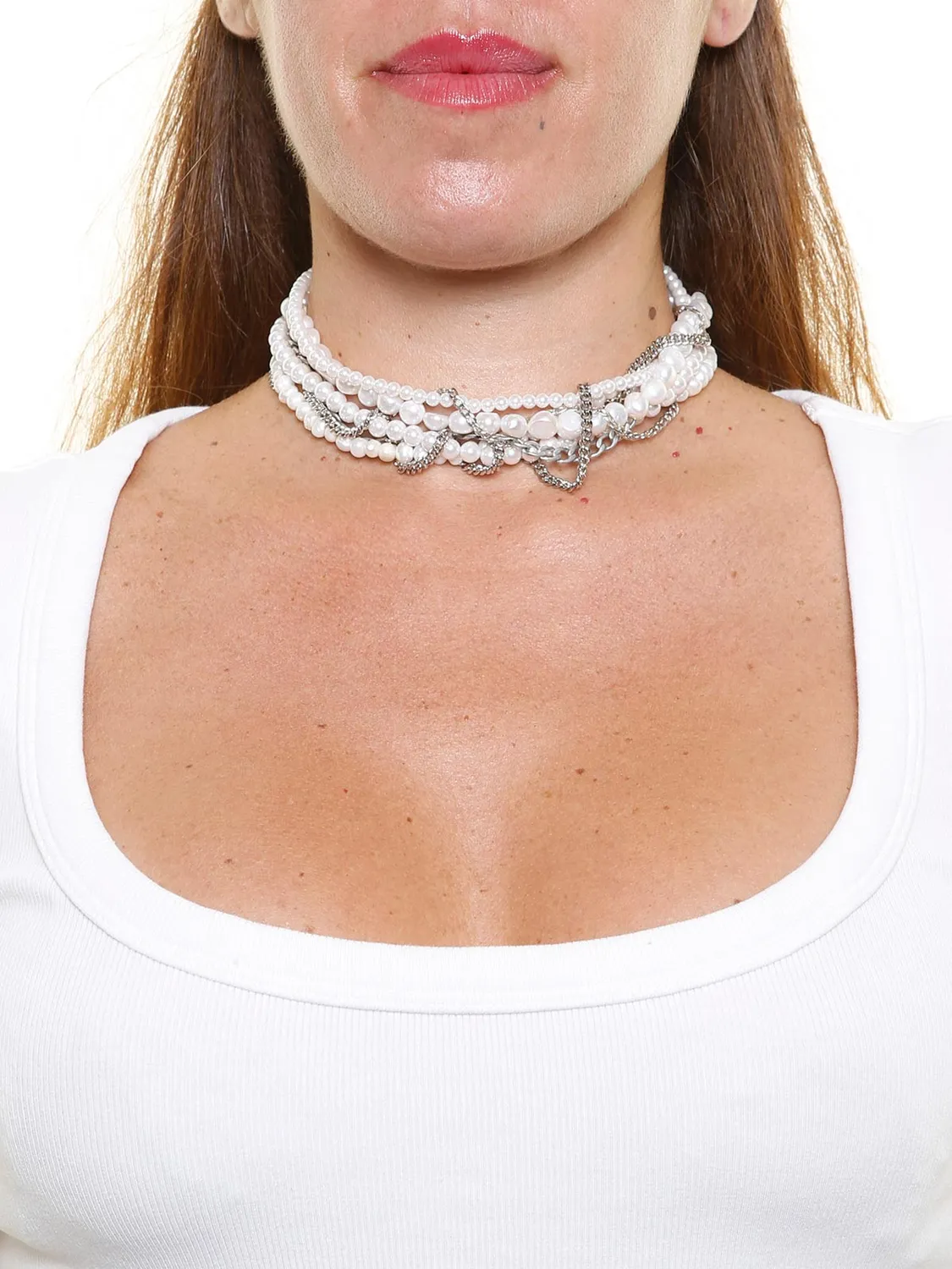 Rada Choker Perle e Catene Collana Girocollo Argento Antico
