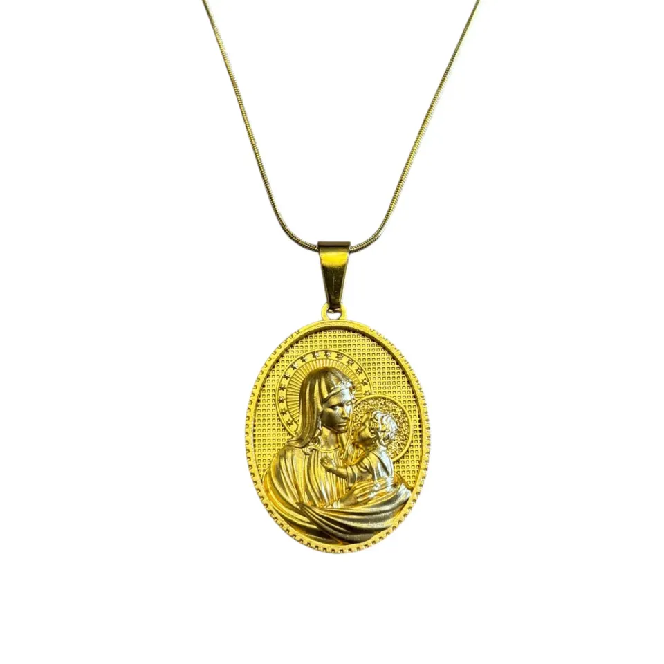 Ornamenta collana Madonna Bambino acciaio oro 40-45 cm