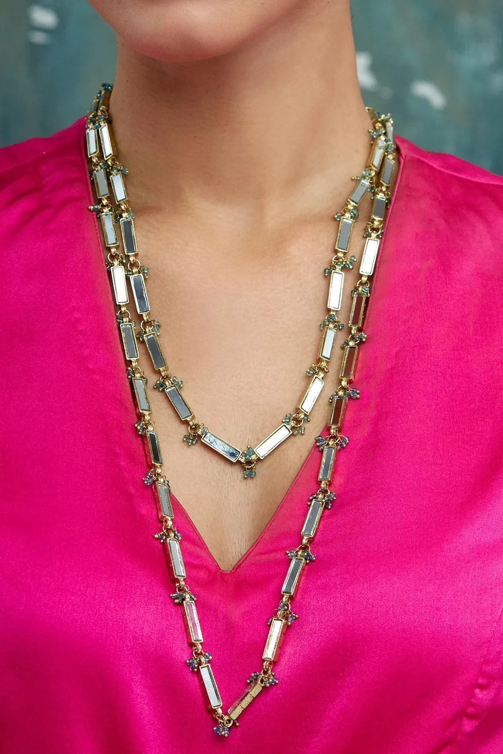 House of Tuhina Qabeela Long Collana turchese specchio oro