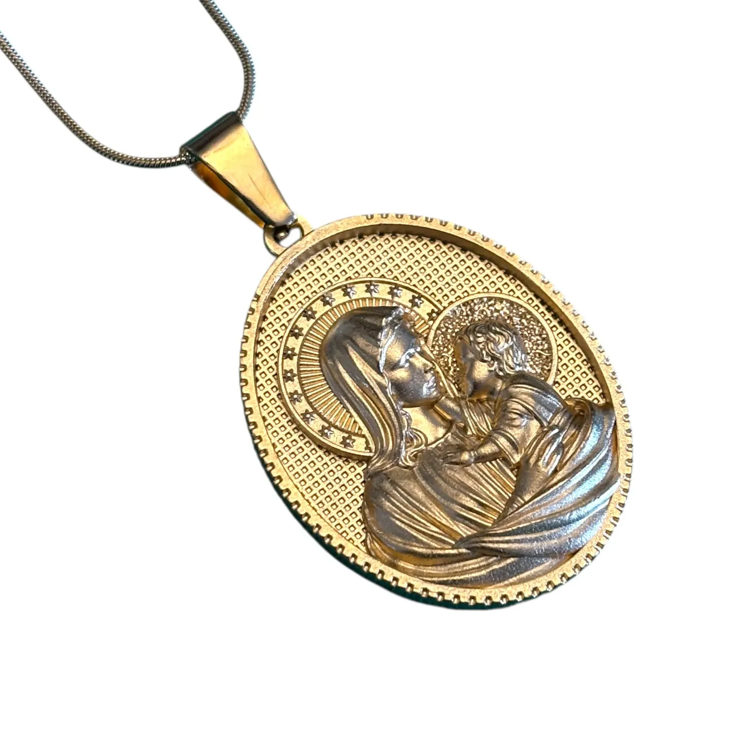 Ornamenta collana Madonna Bambino acciaio oro 40-45 cm