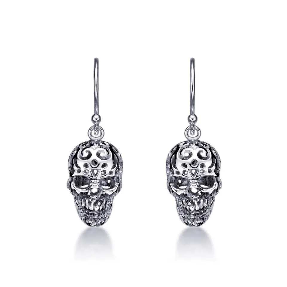 Diamond Treats Orecchini Pendenti Teschio Argento Ossidato Gotici