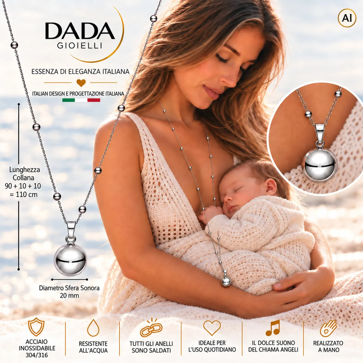 Dada Gioielli collana chiama angeli sfera acciaio sonora