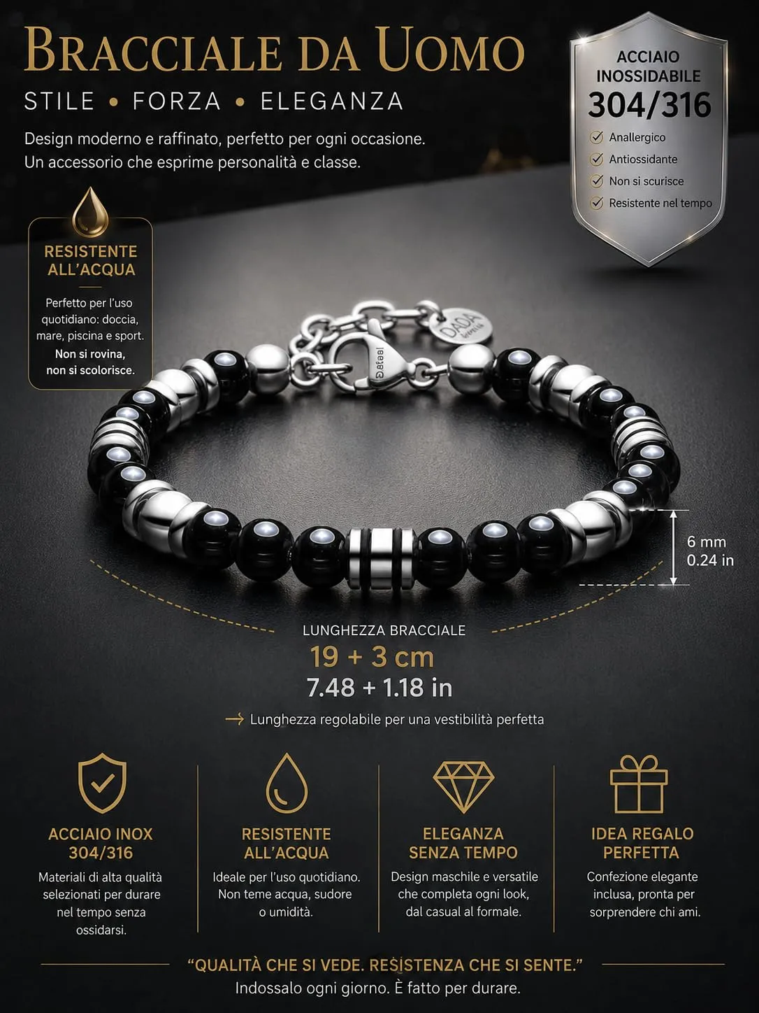 Dada Gioielli Bracciale Uomo Occhio di Tigre Pietra Naturale 6mm