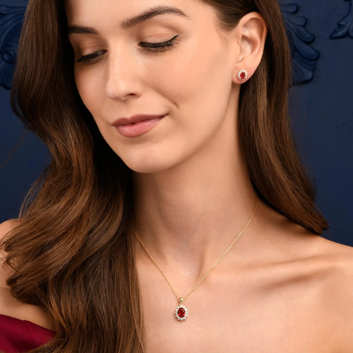 Diamond Treats Collana Ovale Oro-Rosso Zirconi Pietra Rossa