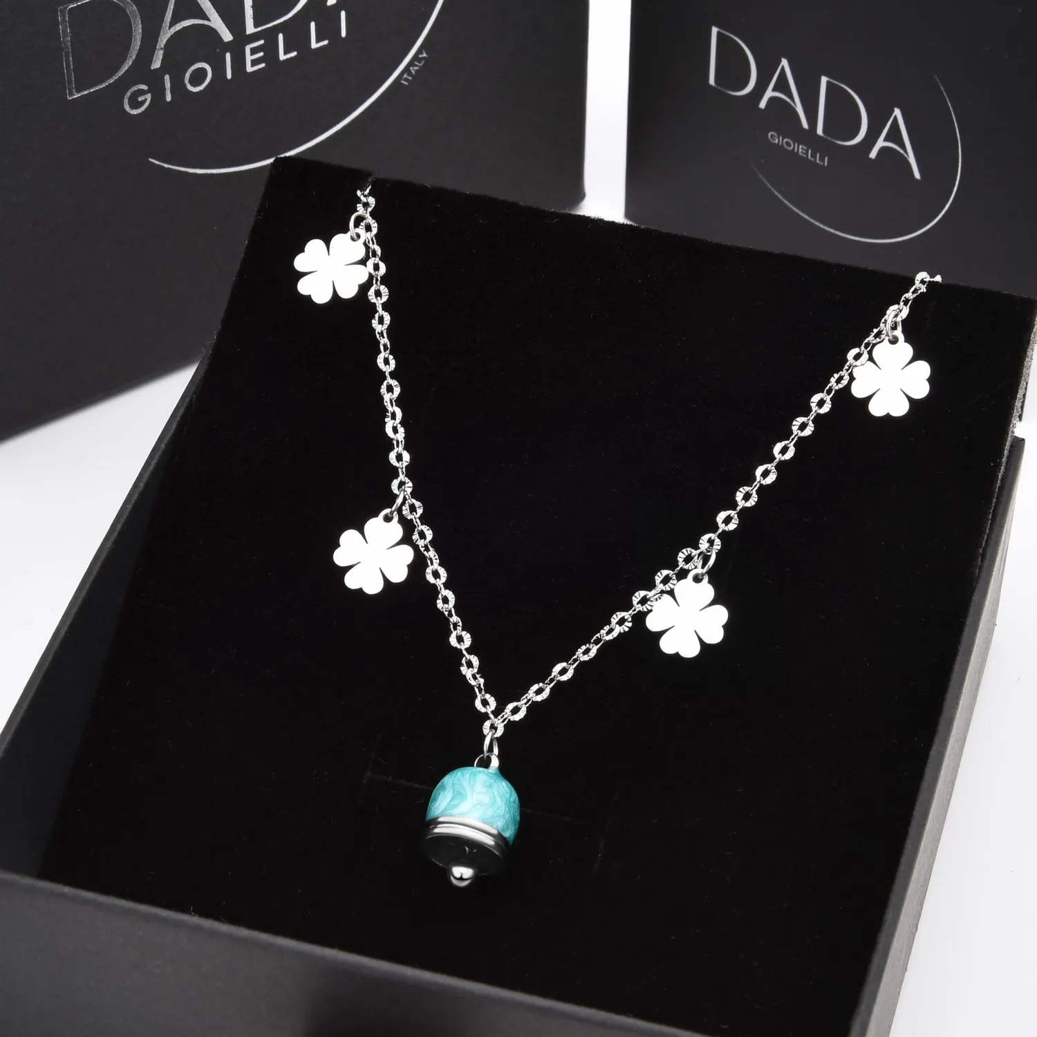 Dada Gioielli Capri Campanella Collana Turchese Quadrifoglio Acciaio
