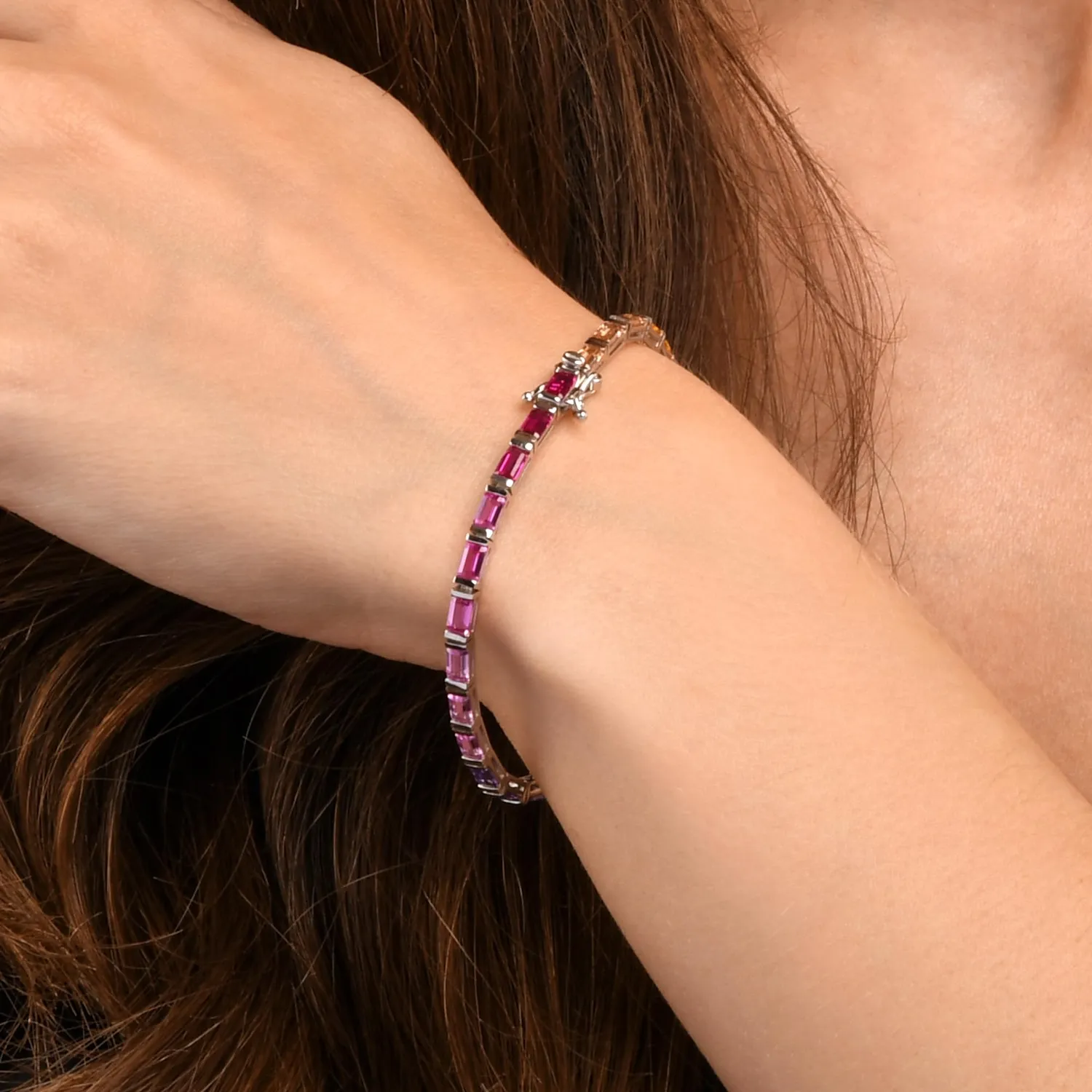 Diamond Treats Tennis bracciale argento zirconi arcobaleno baguette