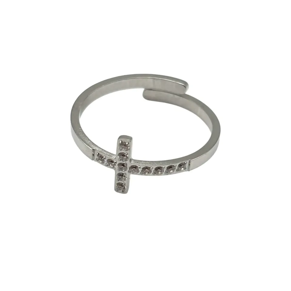 Ornamenta Croce Lineare anello sottile argentato strass regolabile