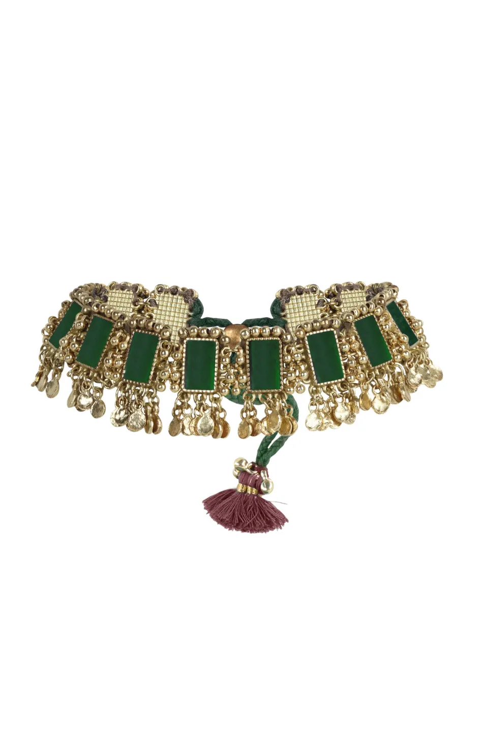 House of Tuhina Mandira collana bordeaux verde vetro Trajva