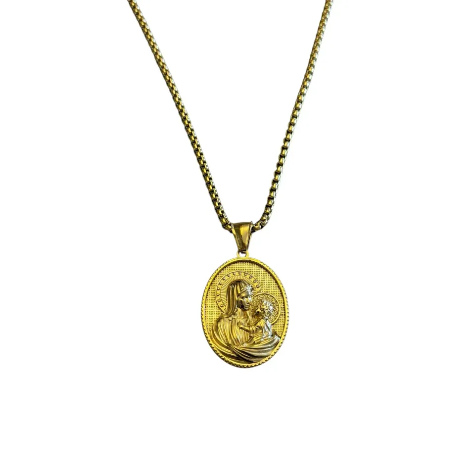 Ornamenta Madonna Bambino collana acciaio oro 60 cm