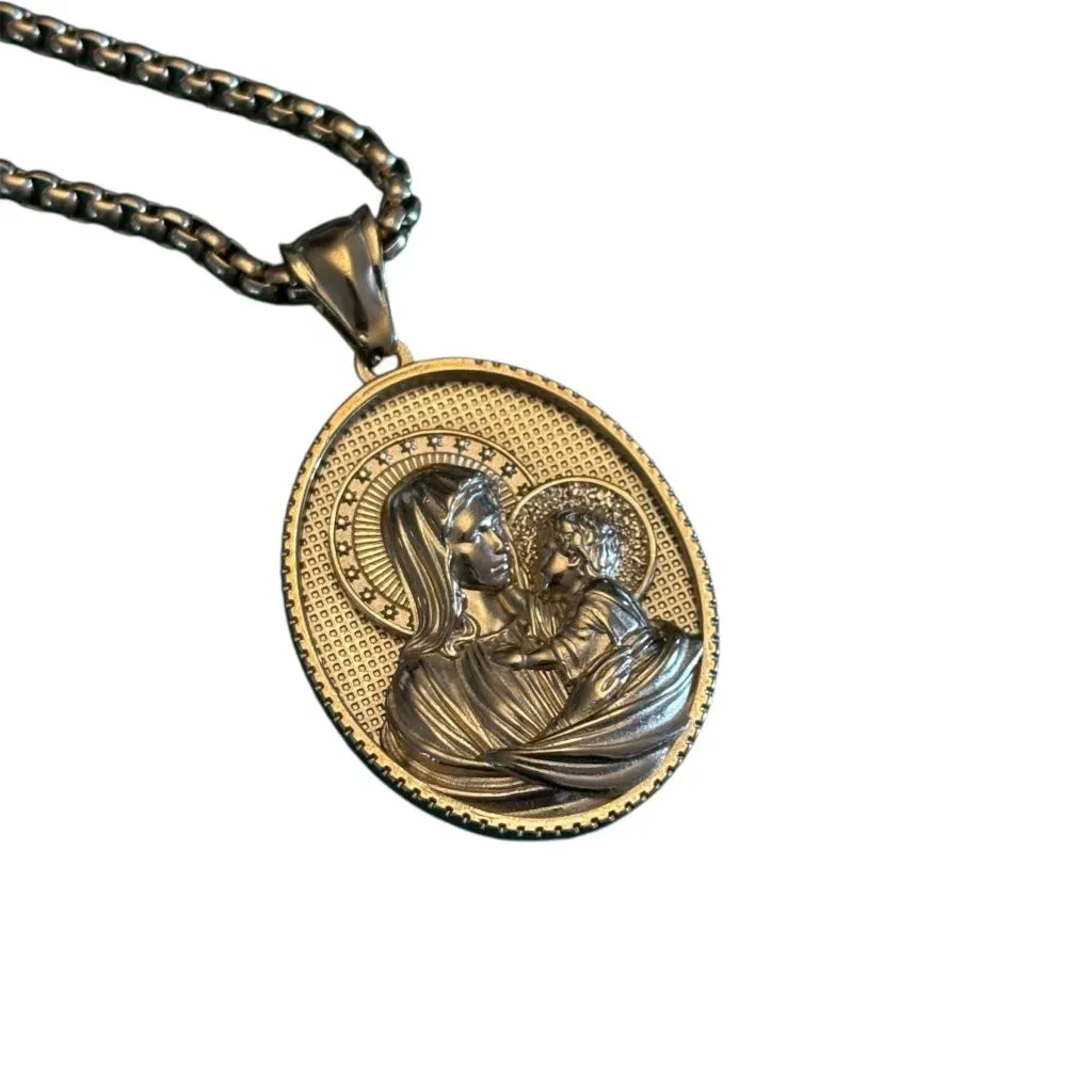 Ornamenta Madonna Bambino collana acciaio oro 60 cm