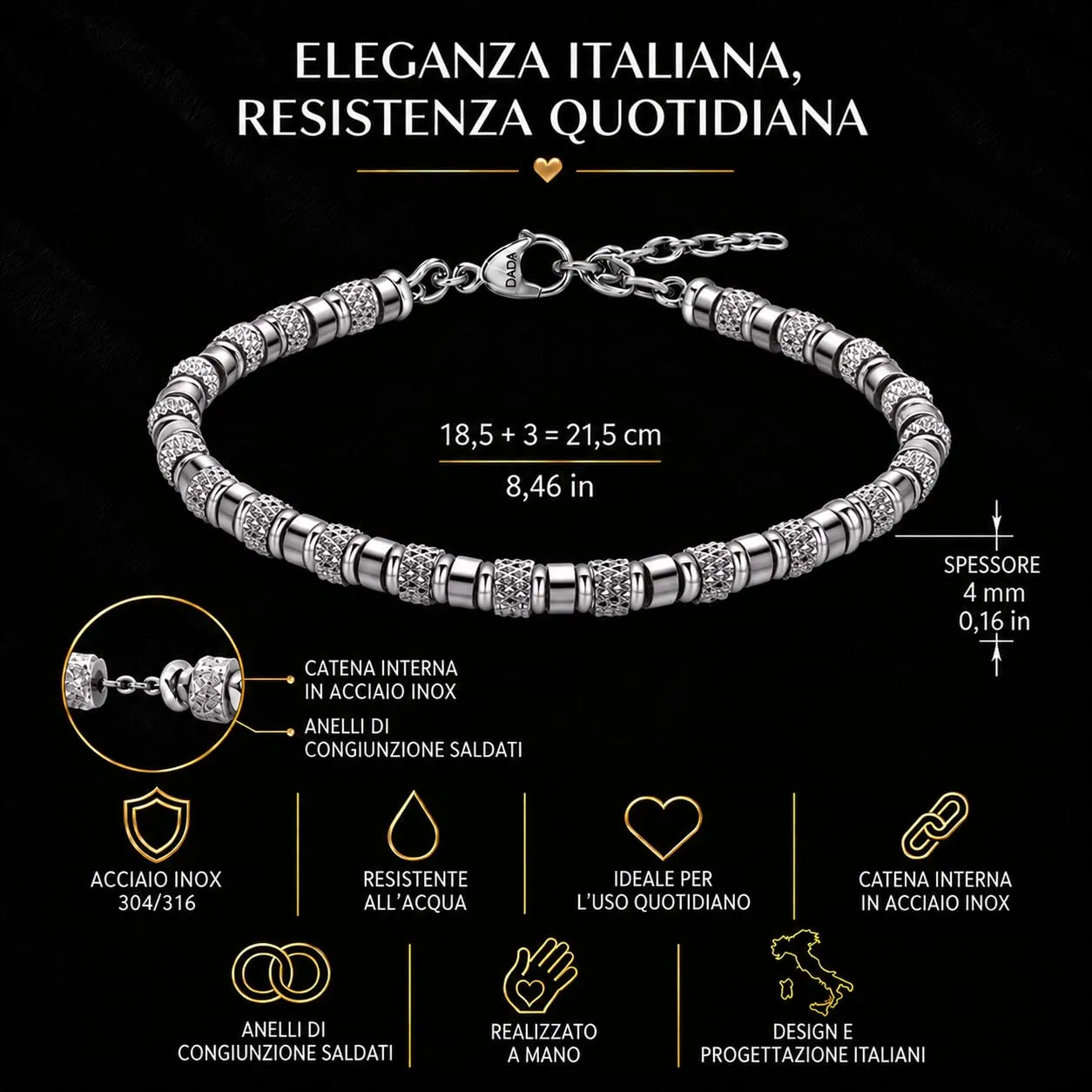 Dada Gioielli Bracciale Uomo Onice Nero Pietre Naturali Acciaio