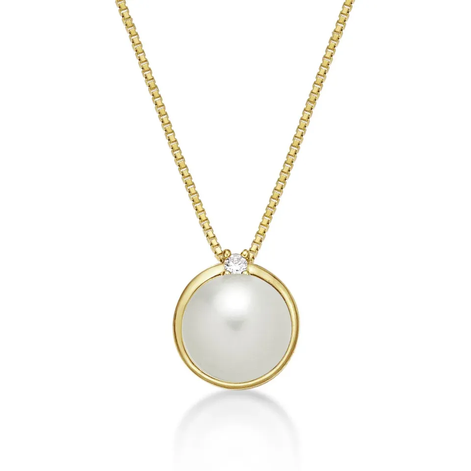 Diamond Treats Collana Perle Bianche 8-8.5mm Oro Giallo Zirconia