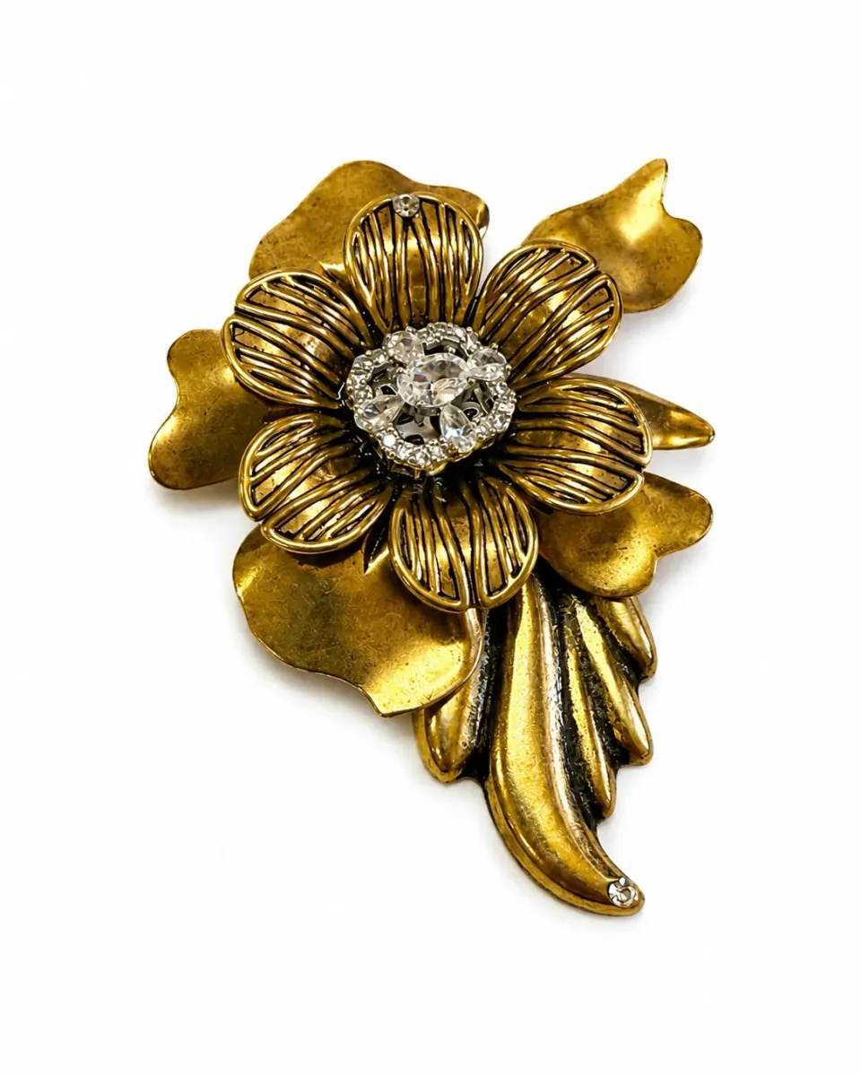 Rada Spilla Maxi Fiore con Centrale Cristallo e Foglia oro antico