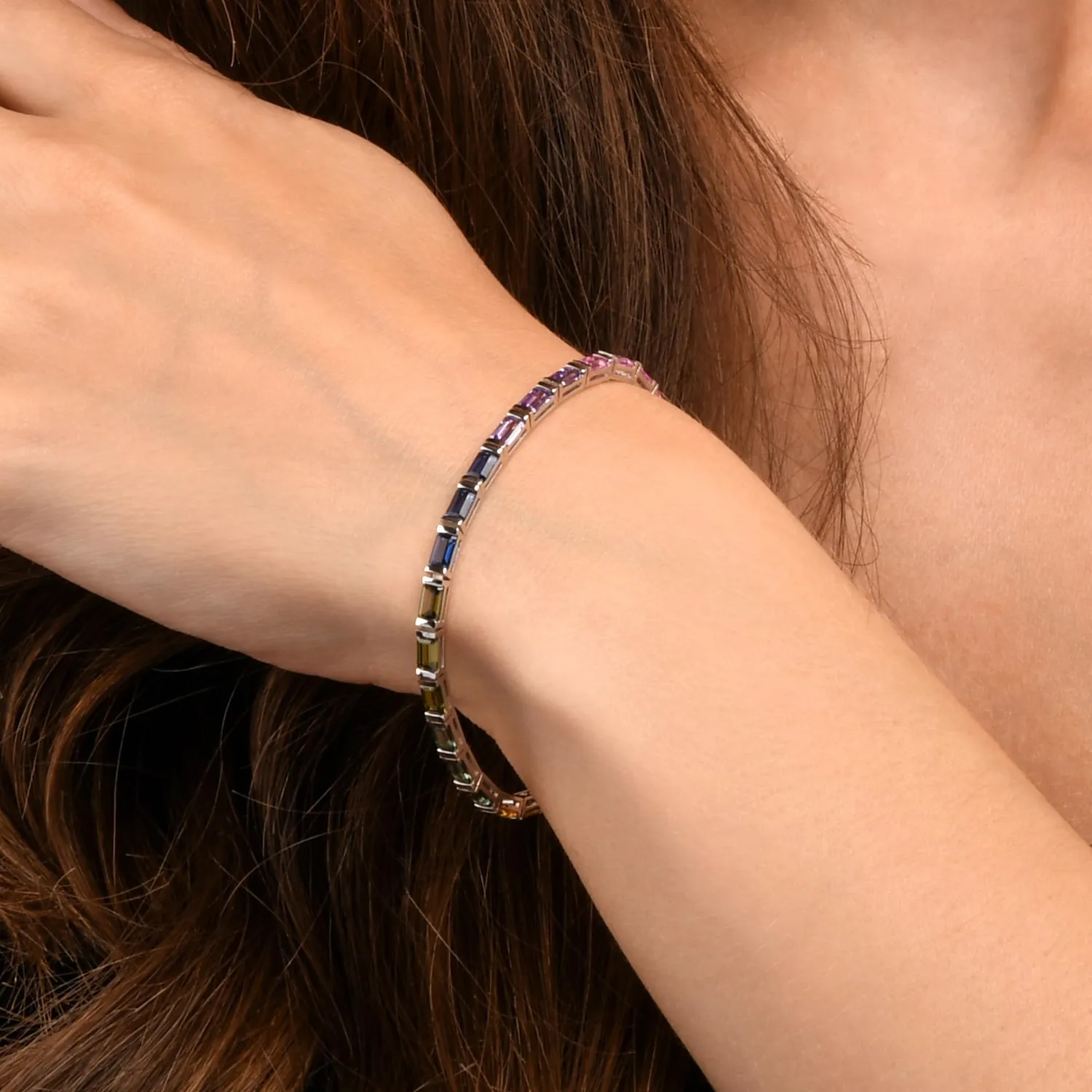 Diamond Treats Tennis bracciale argento zirconi arcobaleno baguette