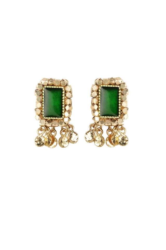 House of Tuhina Baisa Gold Maya Orecchini Verde Vetro Oro