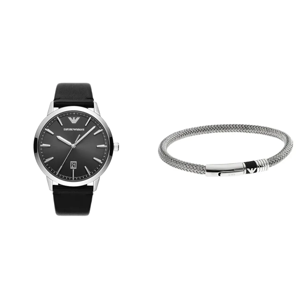 Emporio Armani set orologio uomo pelle con bracciale argento