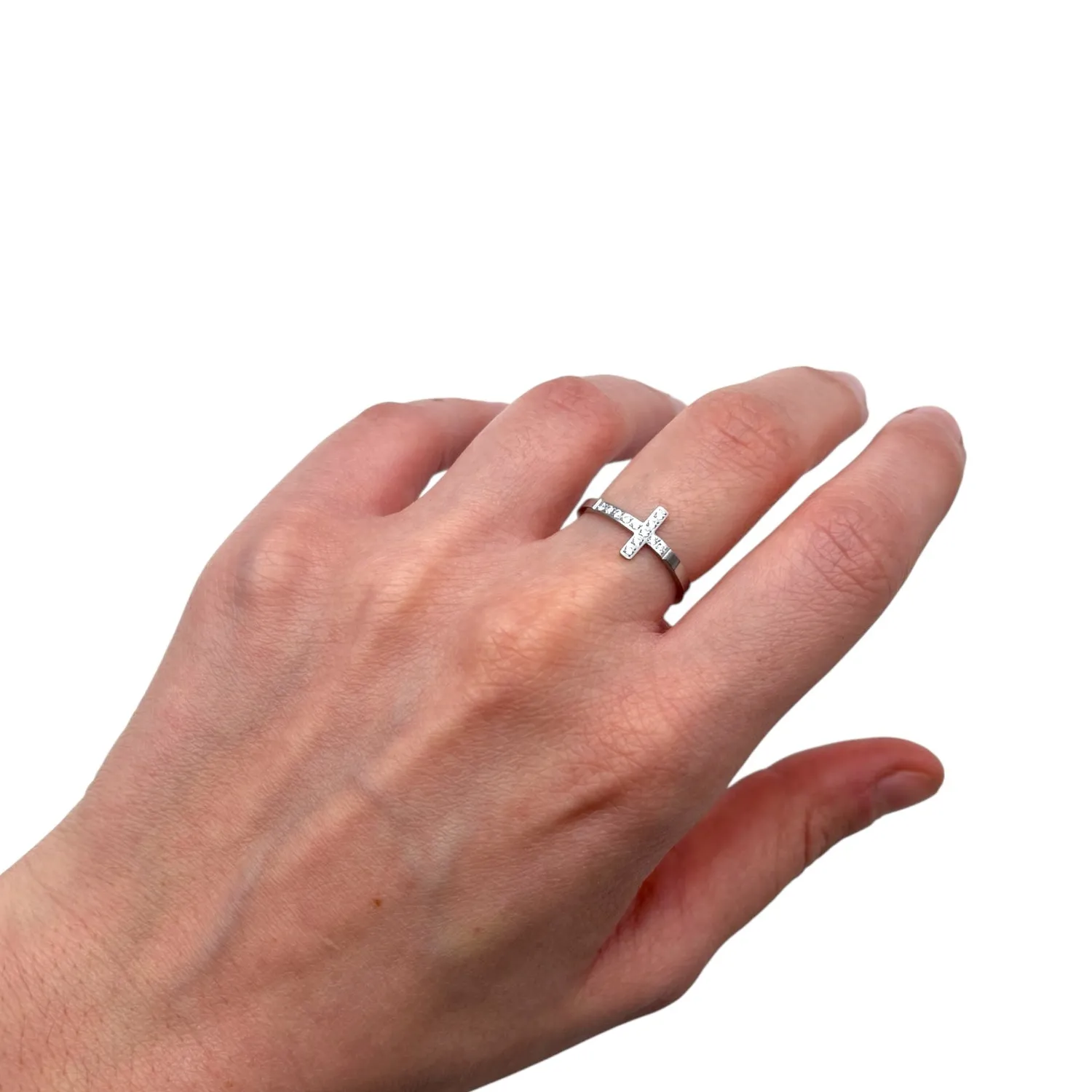 Ornamenta Croce Lineare anello sottile argentato strass regolabile
