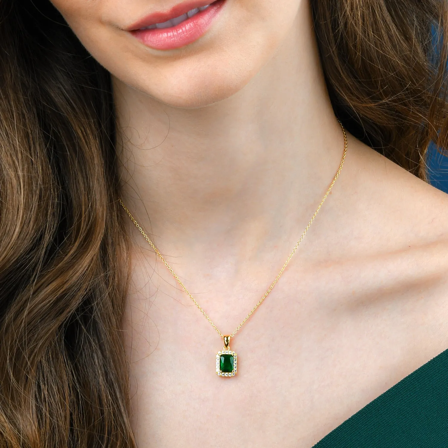 Diamond Treats Collana Argento Zirconi Verdi Rettangolo Oro