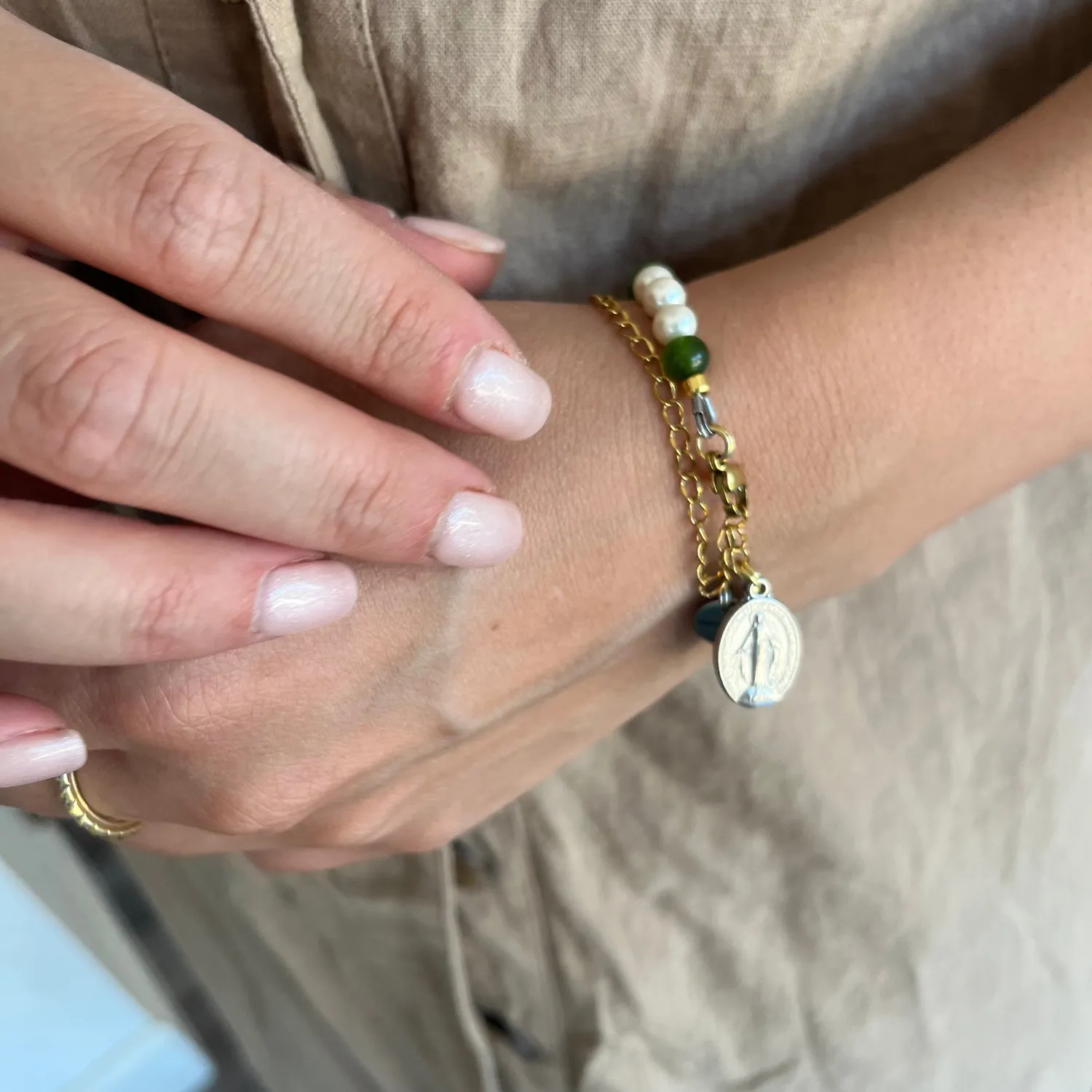 Ornamenta Mariae Spes Bracciale Agata Verde e Perle 18-24 cm