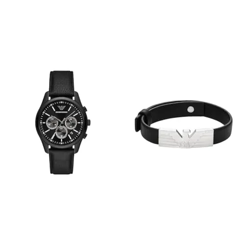 Emporio Armani Set Uomo Orologio Pelle Nera Bracciale Acciaio