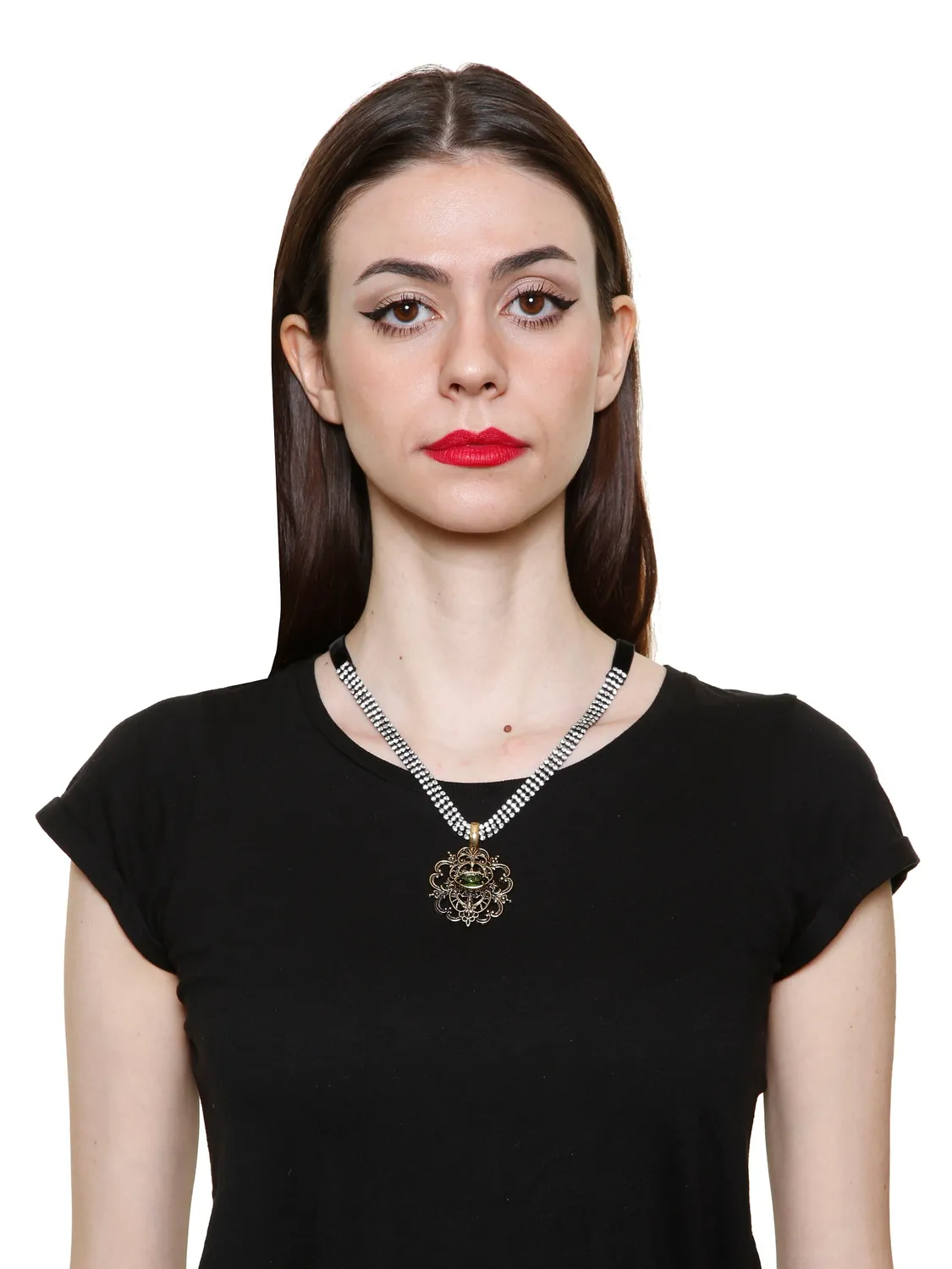 Rada Rosone Collana in Velluto Verde con Strass