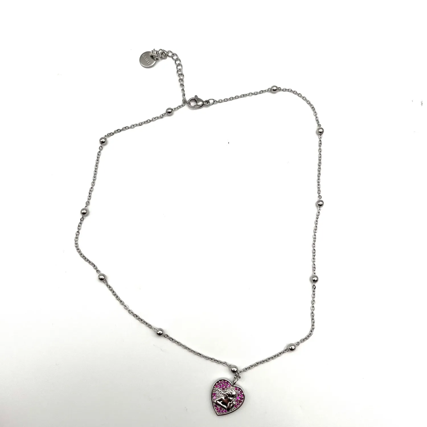 Ornamenta cuore angelo collana acciaio zirconi rosa