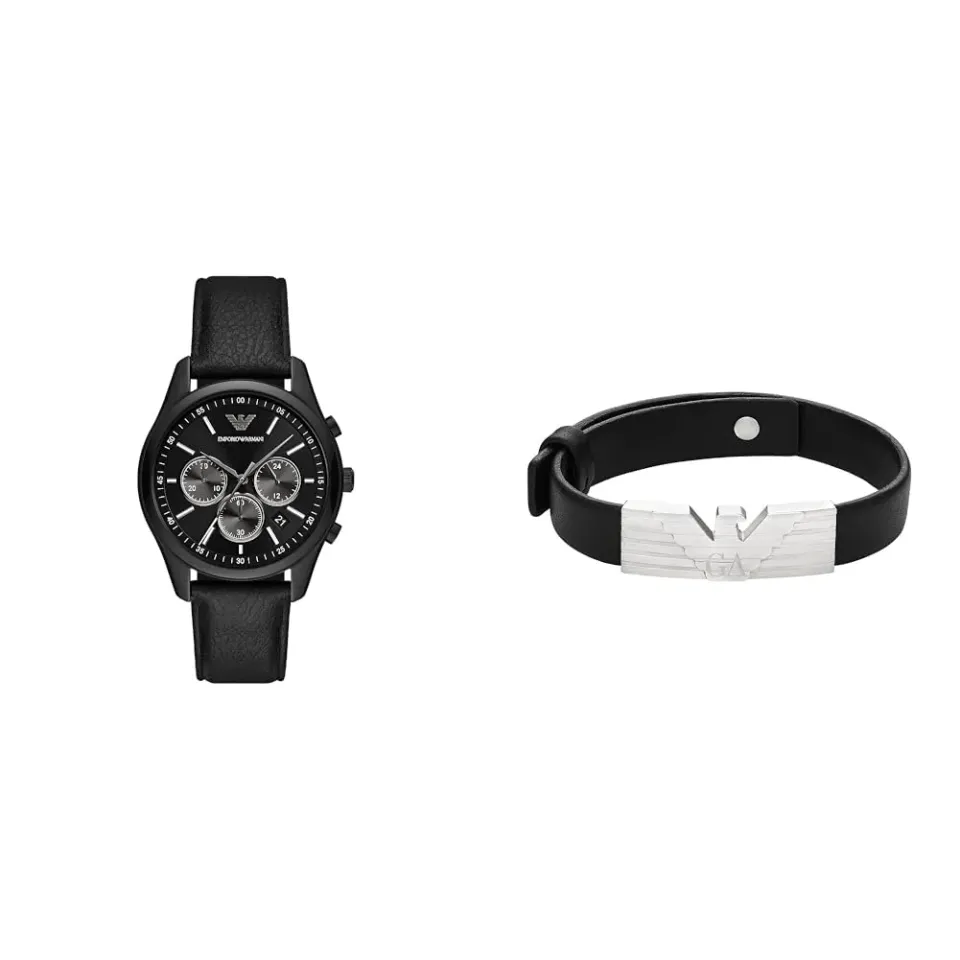 Emporio Armani Set Uomo Orologio Pelle Nera Bracciale Acciaio