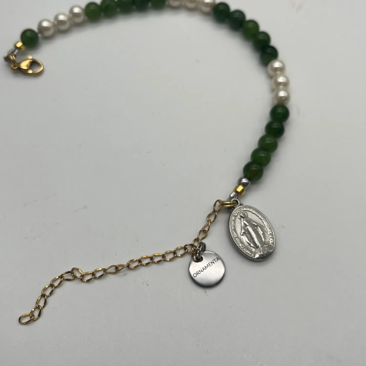 Ornamenta Mariae Spes Bracciale Agata Verde e Perle 18-24 cm