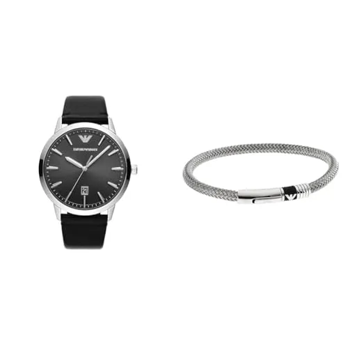 Emporio Armani set orologio uomo pelle con bracciale argento