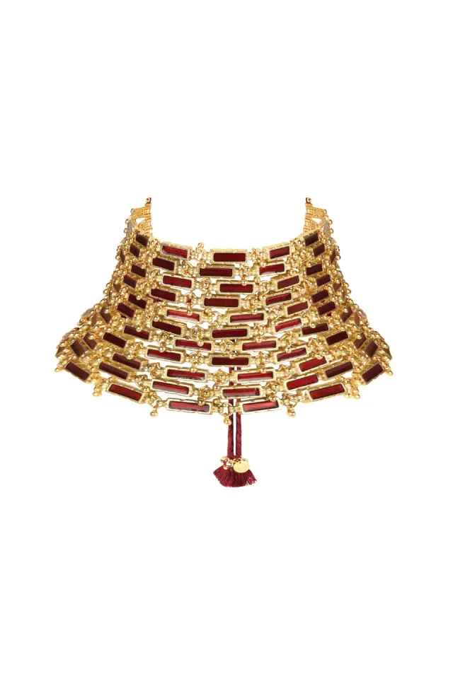 House of Tuhina Enamel Link Choker collana bordeaux smalto oro