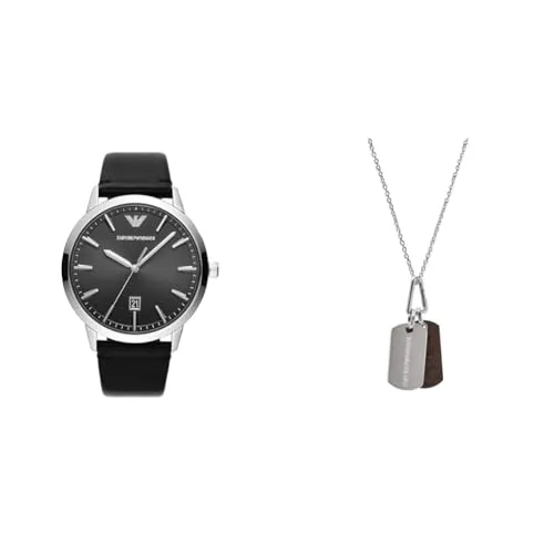 Emporio Armani set orologio uomo pelle nera con collana