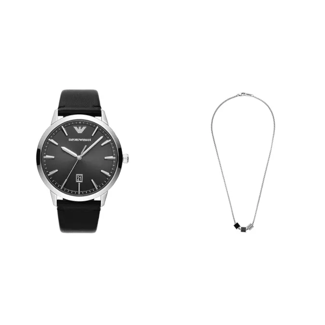 Emporio Armani set orologio e collana uomo pelle nera argento